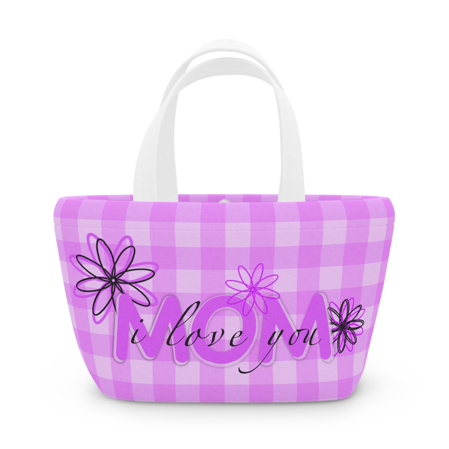 I Love You Mom Lunch Bag — Pink Gingham Floral Insulated Tote