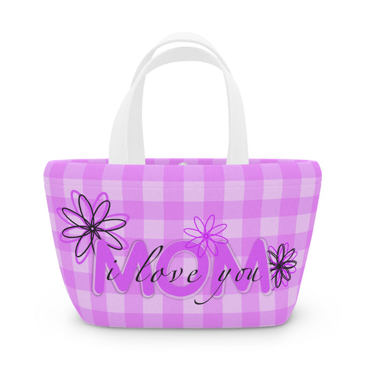 I Love You Mom Lunch Bag — Pink Gingham Floral Insulated Tote
