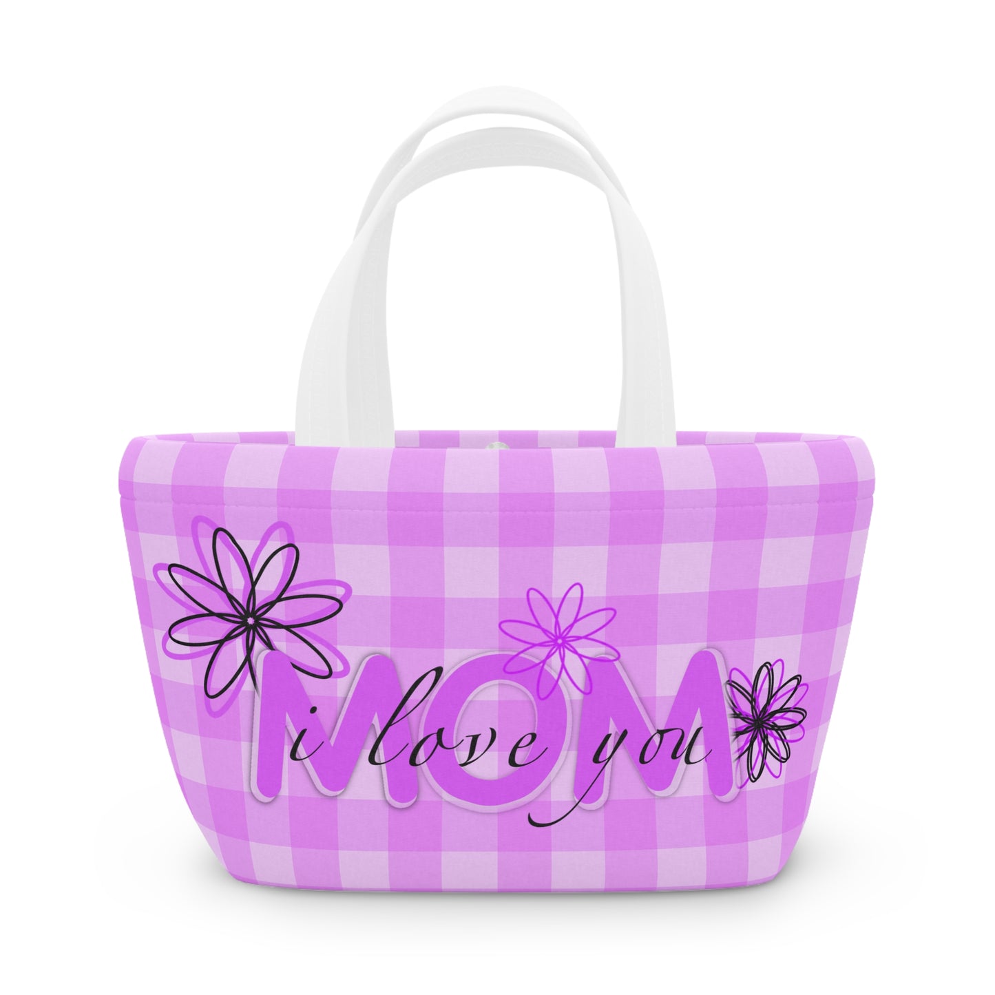 I Love You Mom Lunch Bag — Pink Gingham Floral Insulated Tote