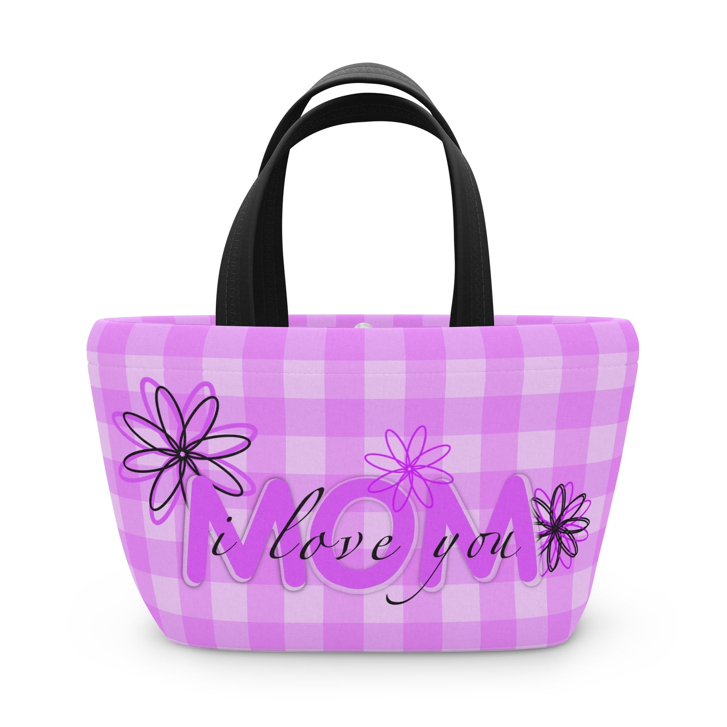 I Love You Mom Lunch Bag — Pink Gingham Floral Insulated Tote