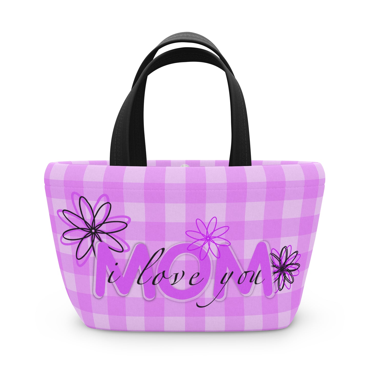 I Love You Mom Lunch Bag — Pink Gingham Floral Insulated Tote
